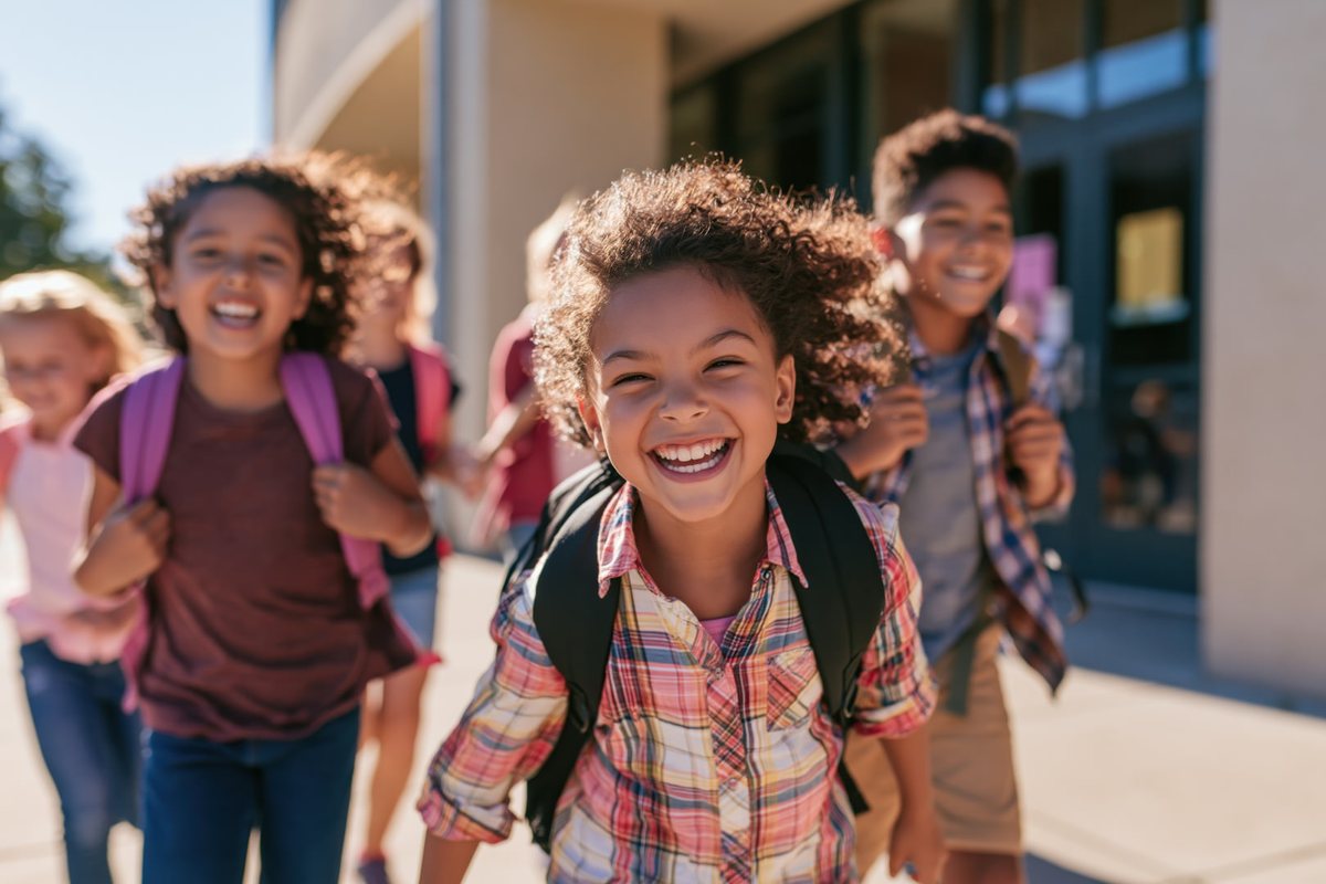 Students arriving at school together with their backpacks, laughing