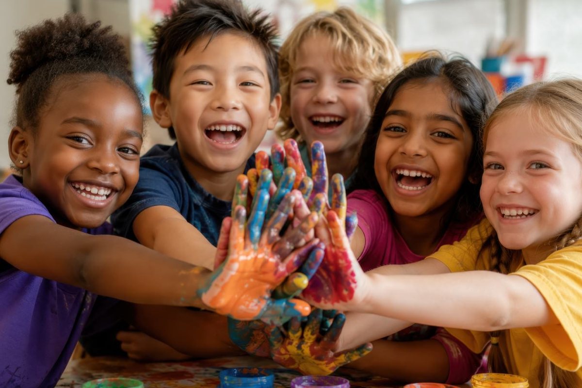 Students pressing paint covered hands together over an art table