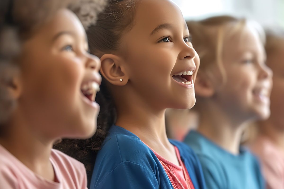 A row of students singing together, faces lit up