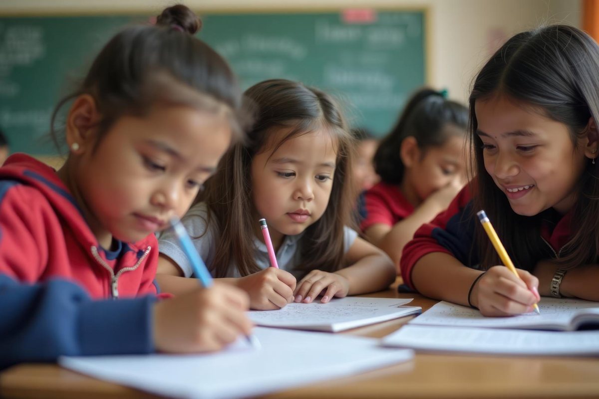 A student working carefully at their desk during class